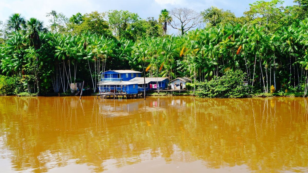 Crossing by ferry boat from Macapa to Belem by Amazon River, passing lush, green jungle and indigenous villages, from state of Amapa to state of Para in Brazil